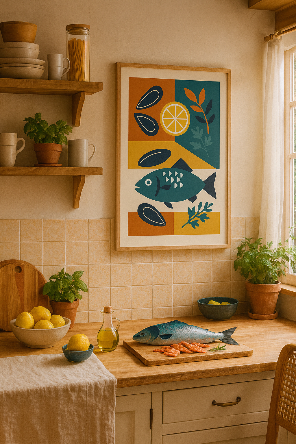 Mediterranean Feast — Bauhaus Fish & Herbs Digital Poster